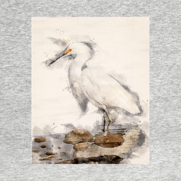 Snowy White Egret in Watercolor by jecphotography